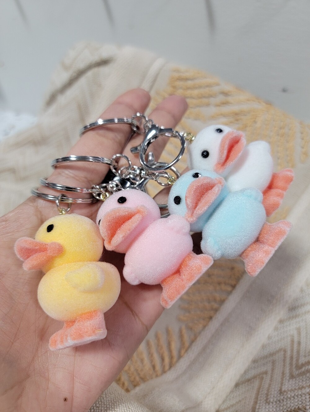 4pcs Velvet Duck Keychain - Pastel Yellow, Pink, Blue, White